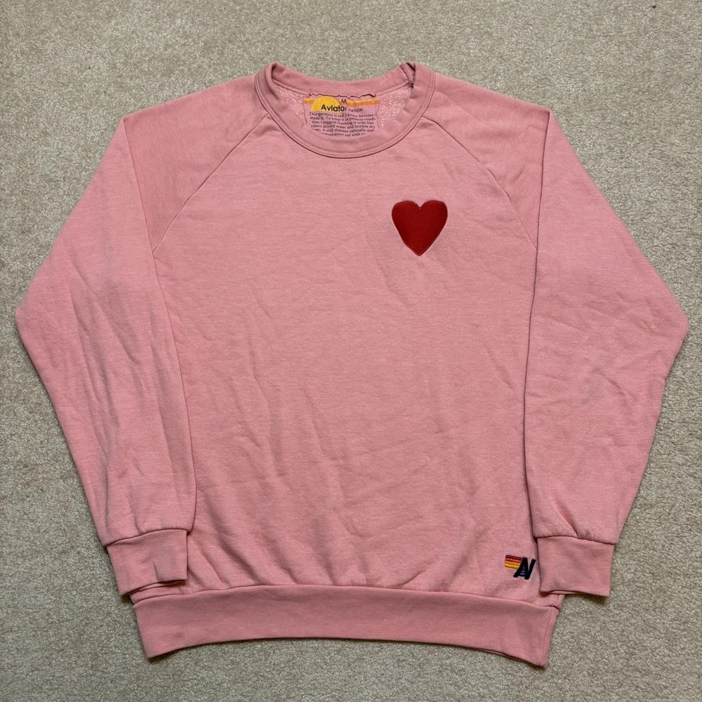 Aviator Nation Crewneck Sweatshirt Womens Medium Pink Heart Fleece Pullover
